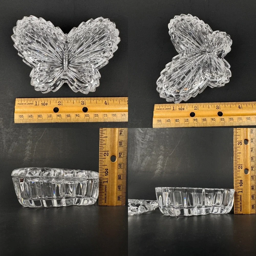 Vtg Clear Glass Butterfly Shape Jewelry Trinket w Removeable Lid Texture Y2k 90s